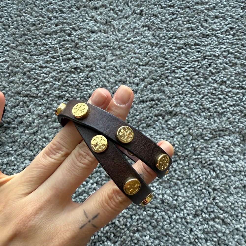 Tory Burch Dark Brown Double Strapped Bracelet with Gold Emblems